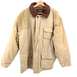 Vintage 90s Mirage Classics Tan Canvas Leather Trim Corduroy Patch Chore Coat
